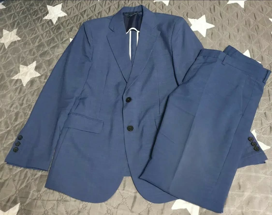 RUHE 슬림핏 린넨 싱글 투버튼 봄 여름용 수트셋업 네이비 (M) 상품이미지1