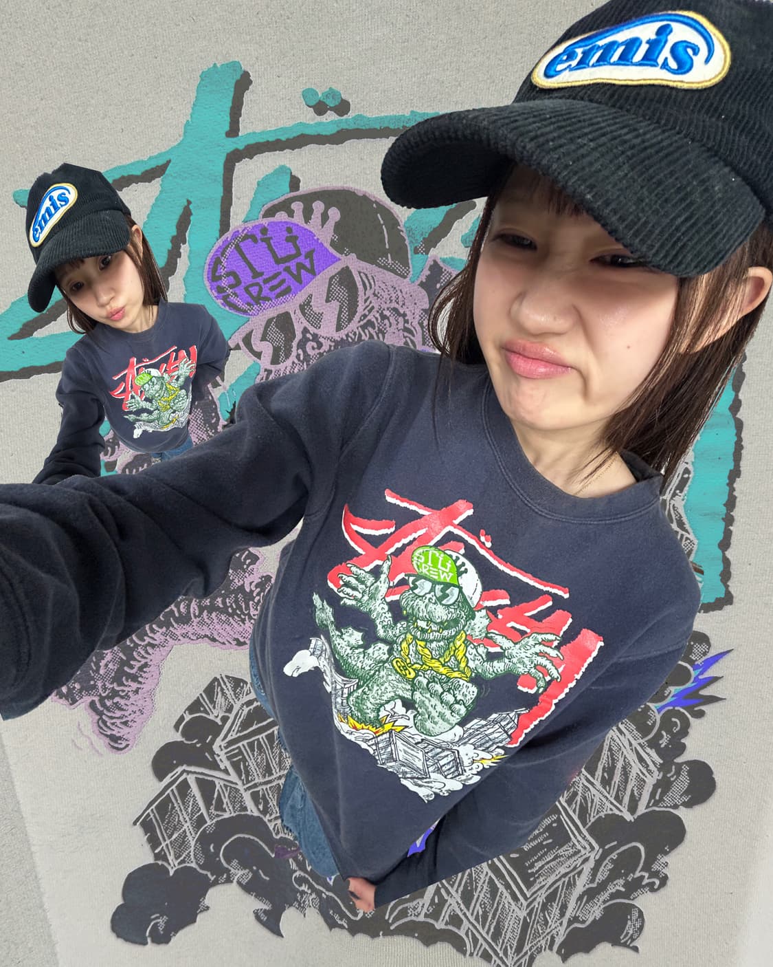 00s 스투시 고질라 그래픽 크루넥 맨투맨 네이비 상품이미지1