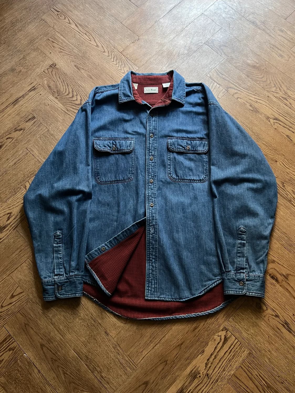 [XL]90's 엘엘빈 캐나다제 체크 라이닝 데님 워크 셔츠 상품이미지1