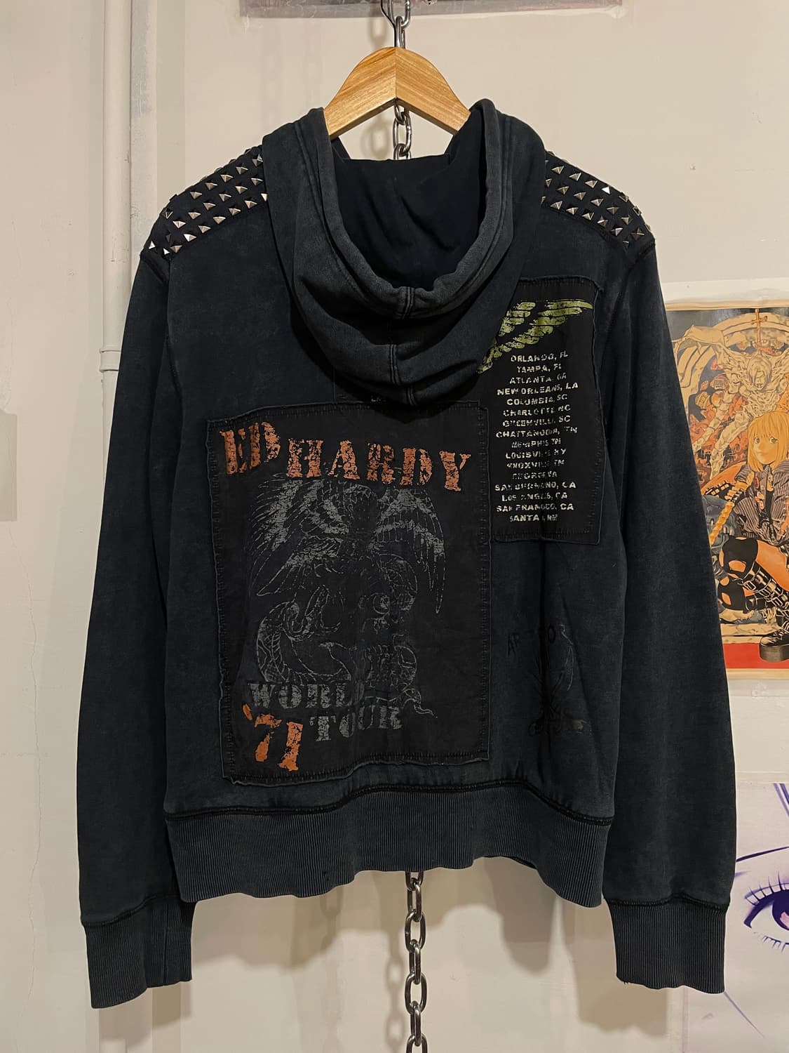 ed hardy 71 월드투어 스터드 패치워크 워싱 네이비 후드집업 상품이미지5