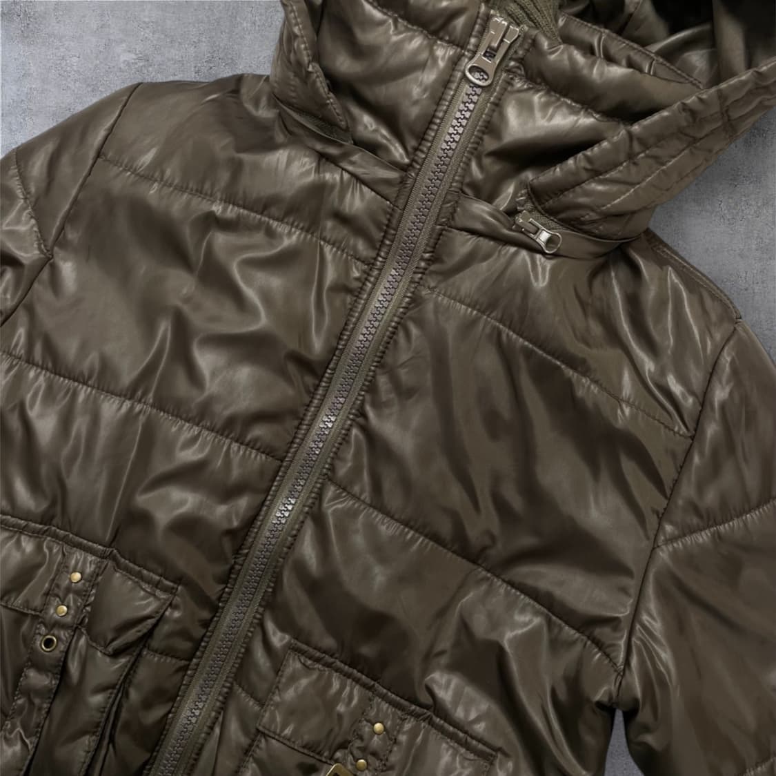 Sewardical 카키브라운 레이어드 니트넥 후드 숏패딩 M 상품이미지6