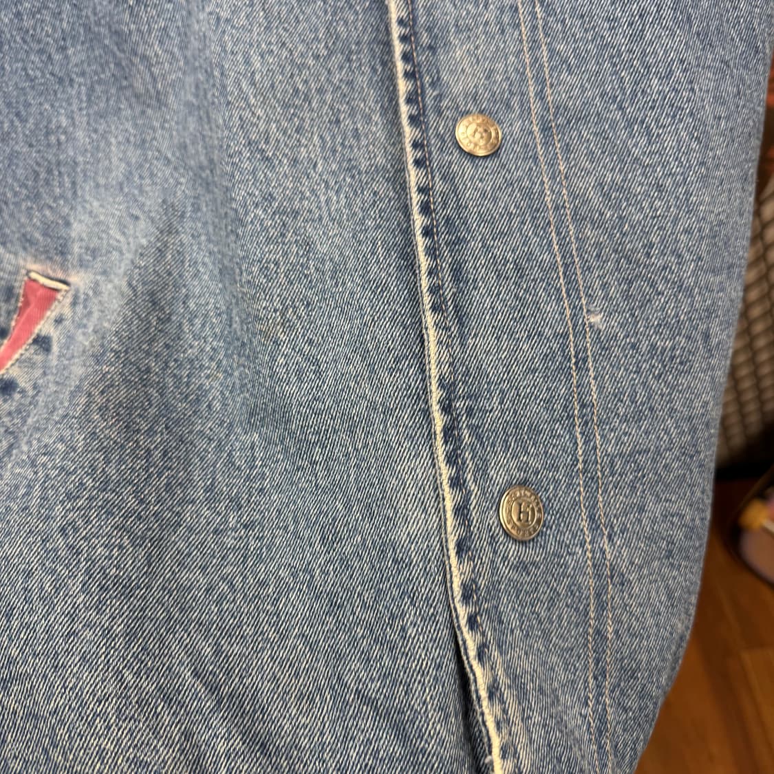 90s USA VINTAGE 데님 바시티자켓 버건디 배색 중청 상품이미지7