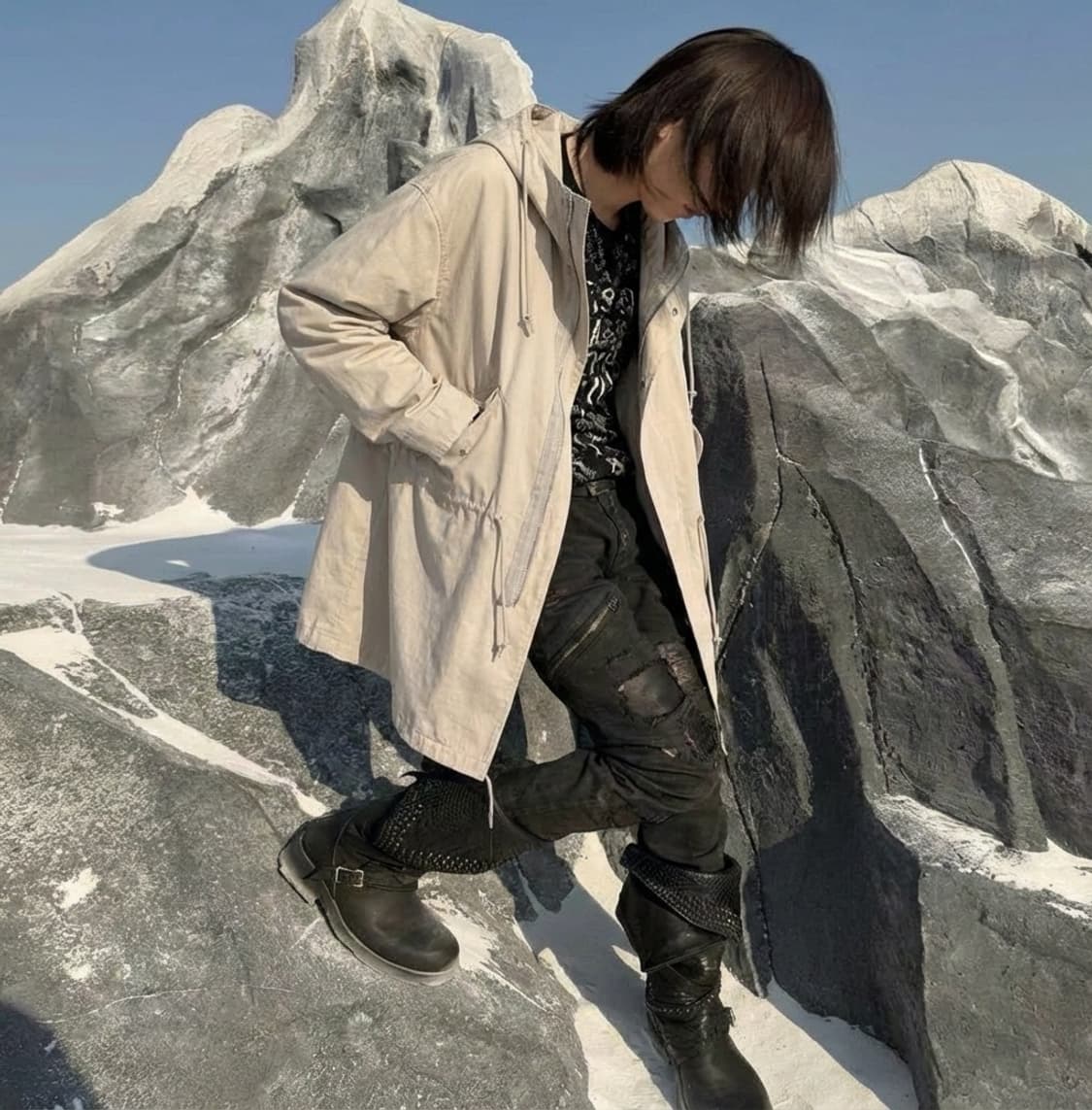 언더커버 베이지 사선 비대칭 드로스트링 면 후디코트 상품이미지1