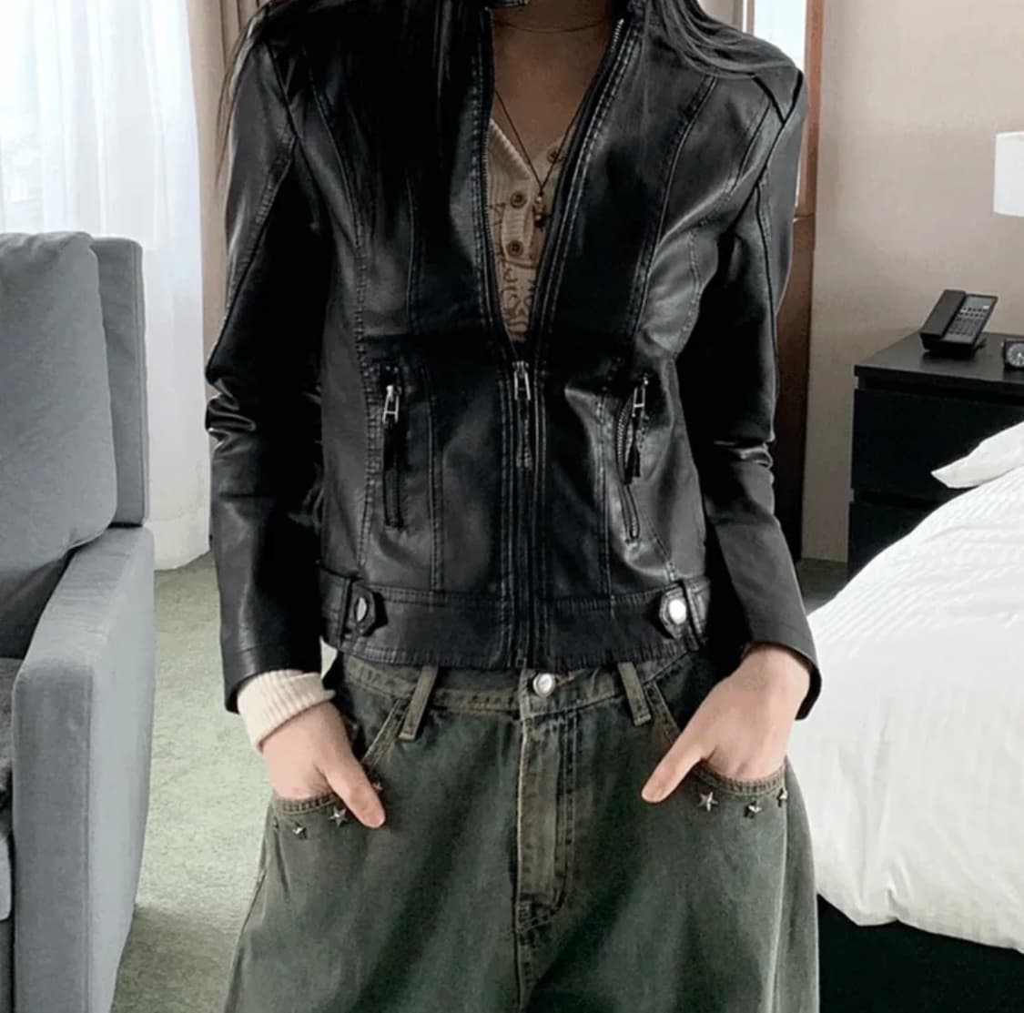 원더원더 빈티지 슬림핏 가죽 라이더 레더 자켓 락시크 y2k 상품이미지1