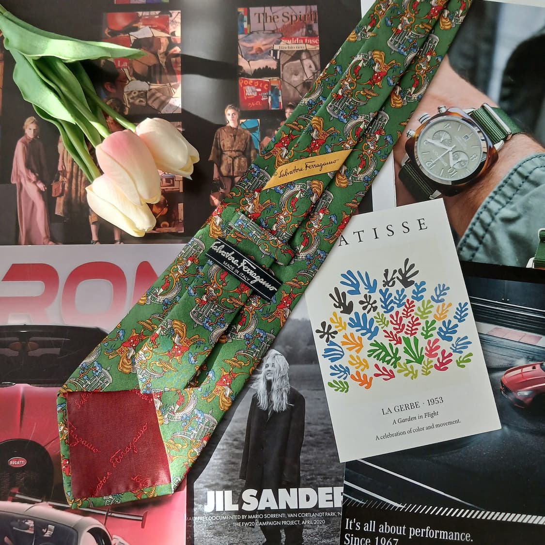 페라가모 실크 다크그린 아트 모티브 넥타이 9.2cm B등급 A19043 상품이미지4