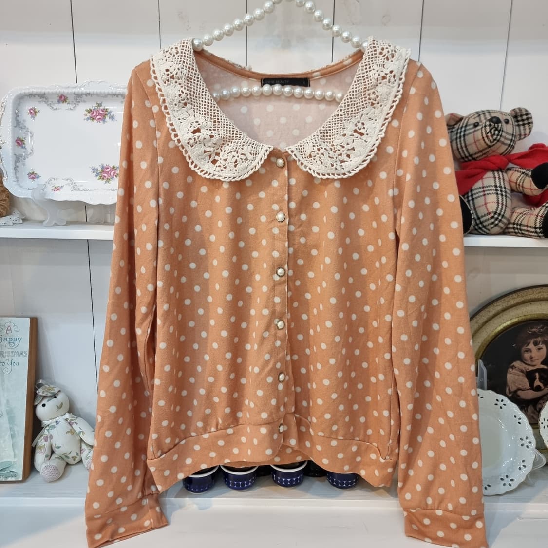 도트 레이스 카라 진주버튼 가디건티 상품이미지1