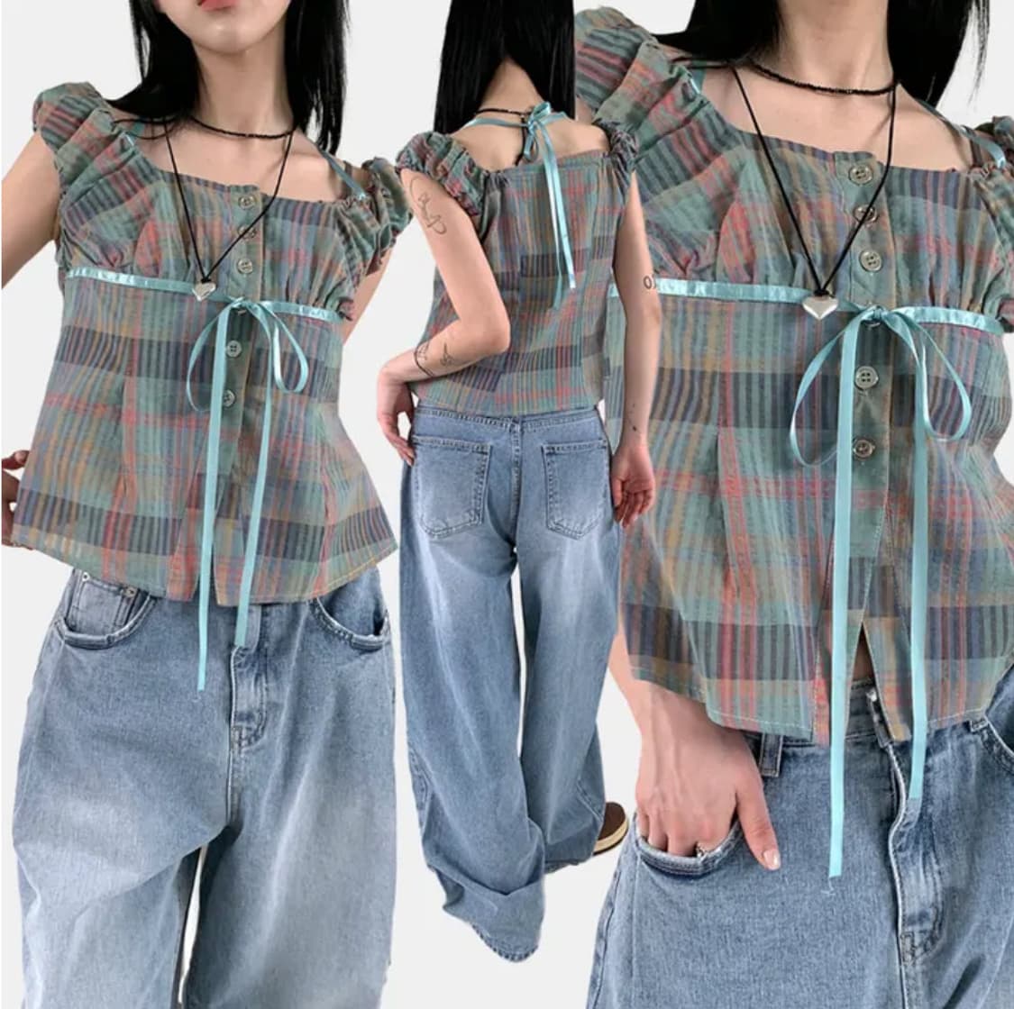 아쿠비클럽 빈티지 체크 리본 블라우스 상품이미지2