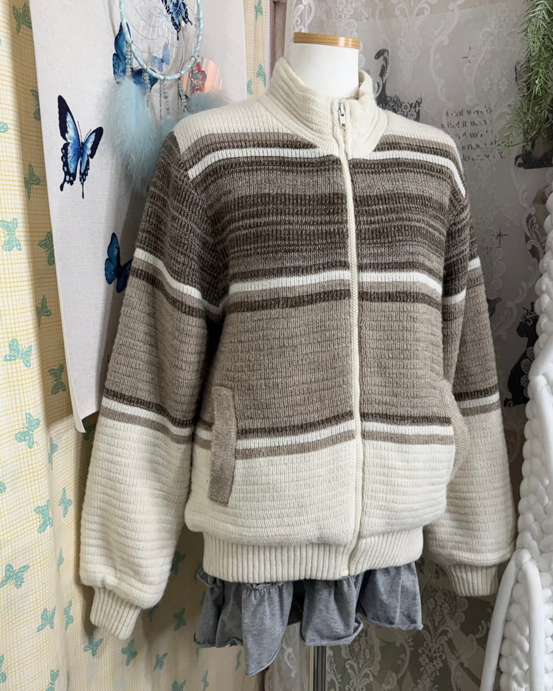 아이보리 & 브라운 뽀글이 니트 집업 자켓 상품이미지5