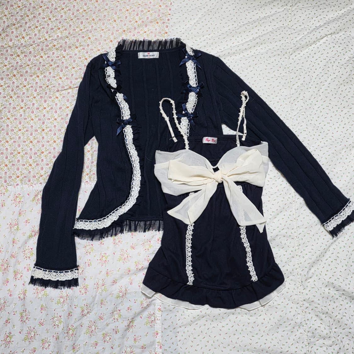 빈티지 로걀 레이스 빅 리본 로걀탑 가디건 세트 히메갸루 리즈리사깔 상품이미지1