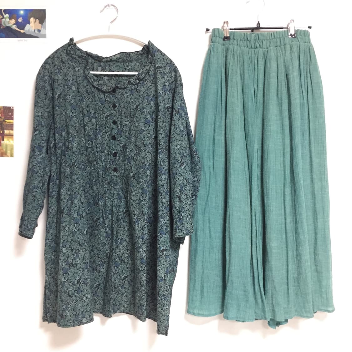 2P 빈티지 하구미 청록 블라우스 롱스커트 코디 세트 상품이미지2