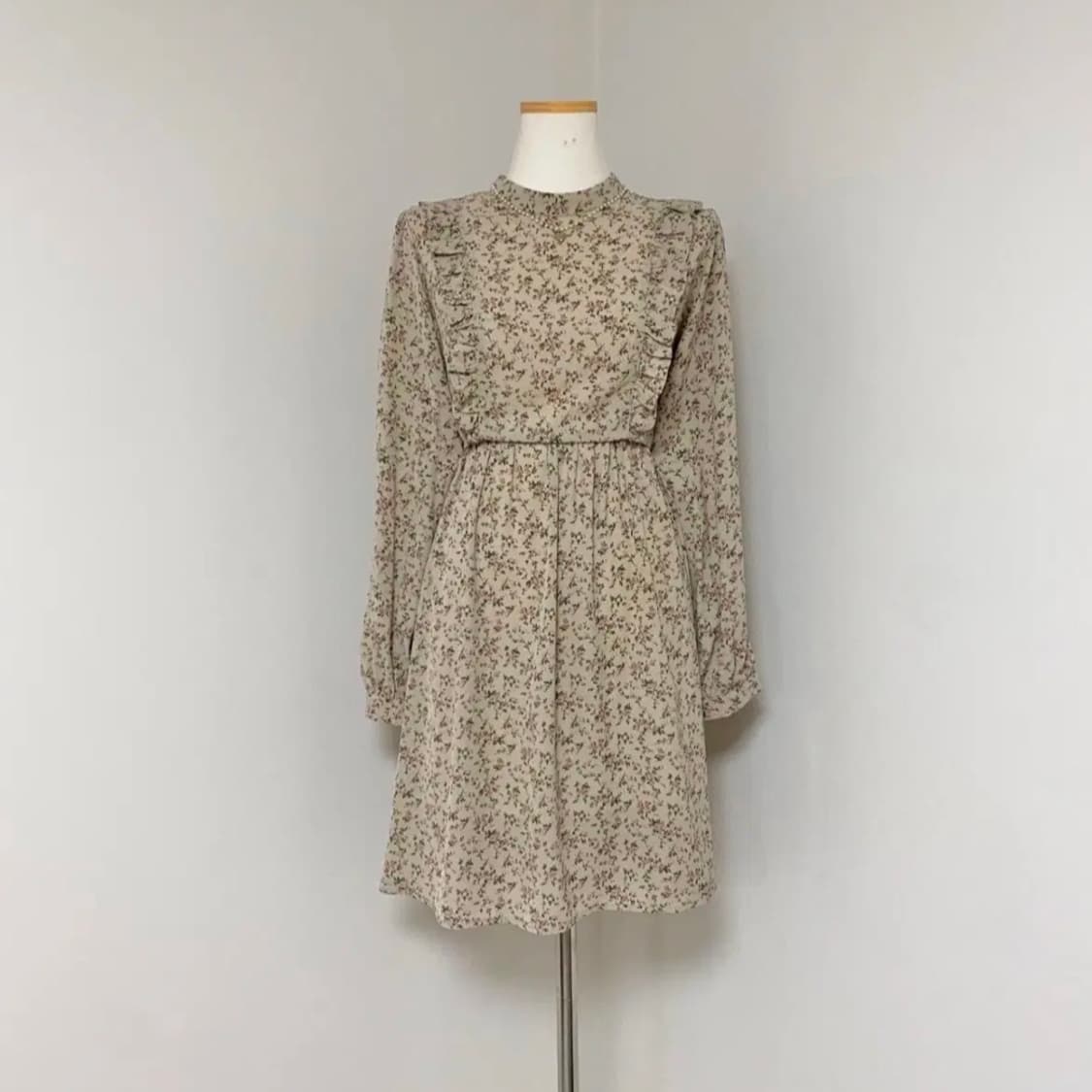 일본 빈티지 잔꽃 꽃무늬 플라워 패턴 프릴 미디 롱 긴팔 쉬폰 원피스 상품이미지1