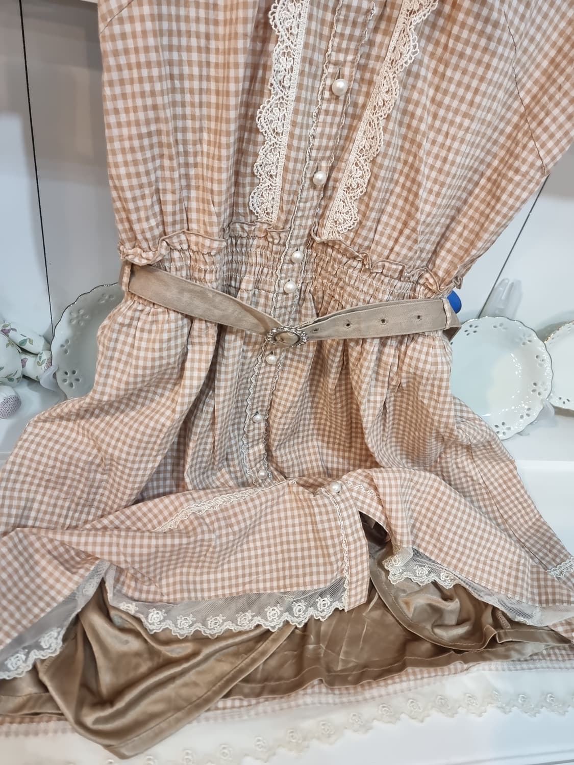 axes femme베이지 체크 레이스카라 원피스 상품이미지4