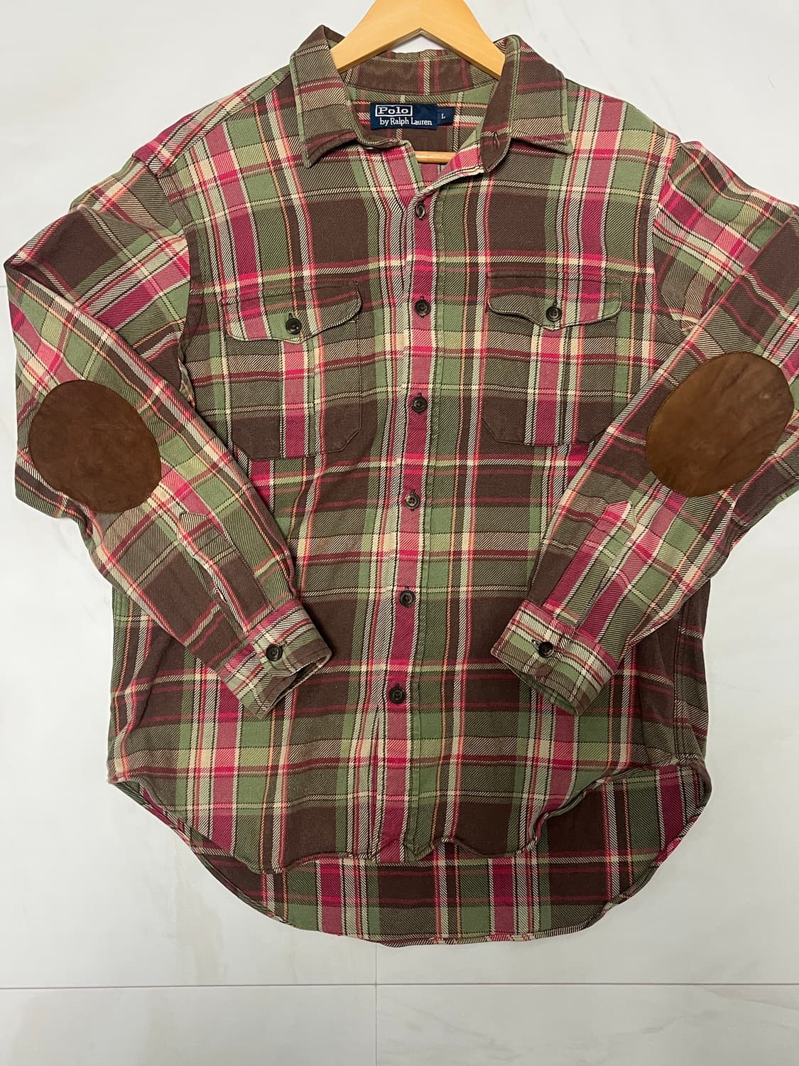 L/100) [희귀/두산정품] 폴로 플라넬 플래드 엘보 패치 셔츠 상품이미지1