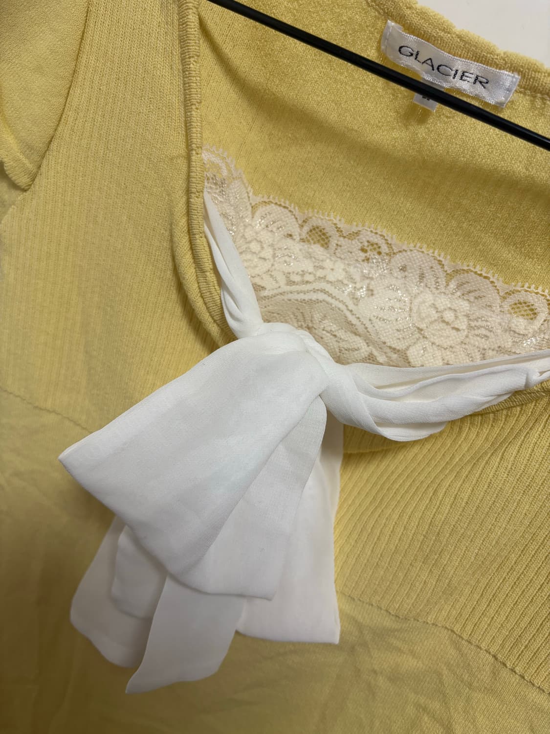 갸루) 빈티지 와투케 레이스 리본 포인트 반팔 니트 블라우스 옐로우 상품이미지2