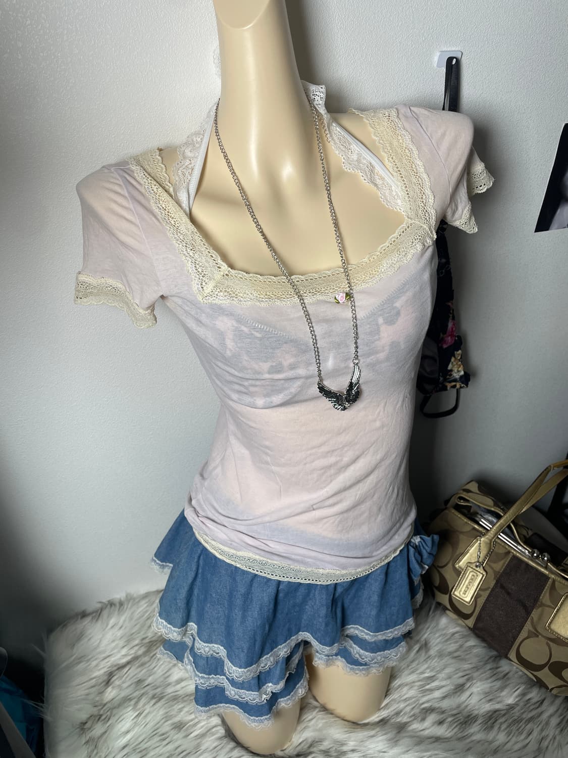 빈티지 로맨틱 연핑크 레이스 반팔티 상품이미지1