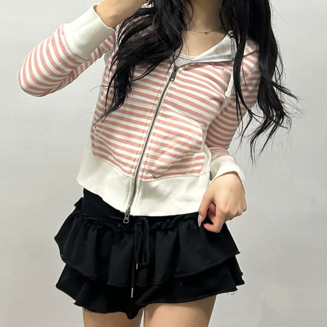 나이키 y2k 베이비핑크 스트라이프 걸즈 여리핏 후드집업 희귀져지(S) 상품이미지3