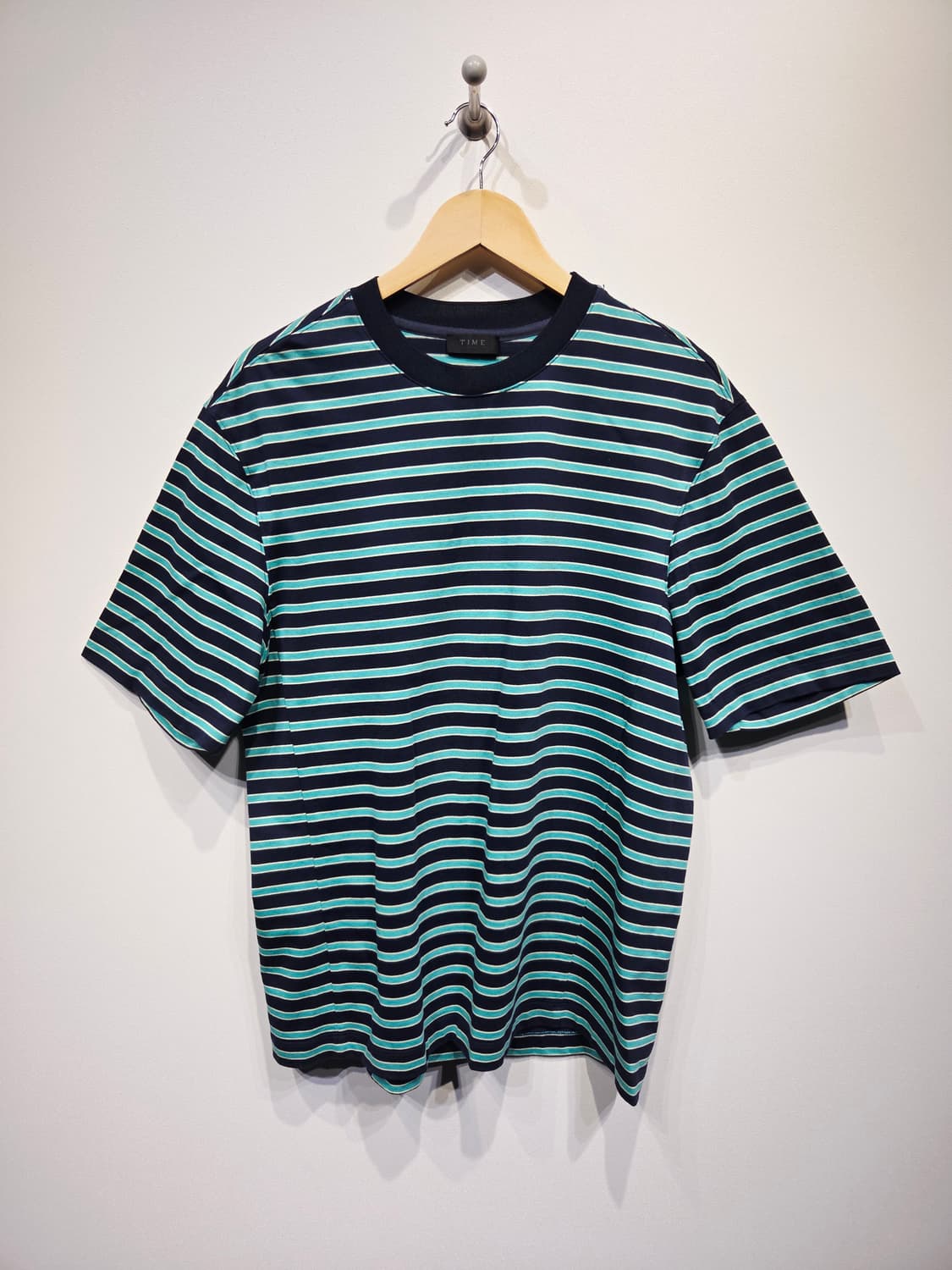 타임 옴므(TIME) 네이비 민트 스트라이프 반팔 티셔츠 상품이미지2