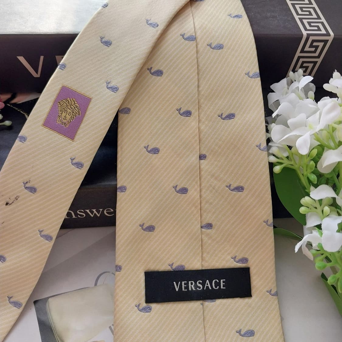 베르사체 실크 레몬 올오버 고래 패턴 넥타이 9.1cm B등급 K1918 상품이미지4