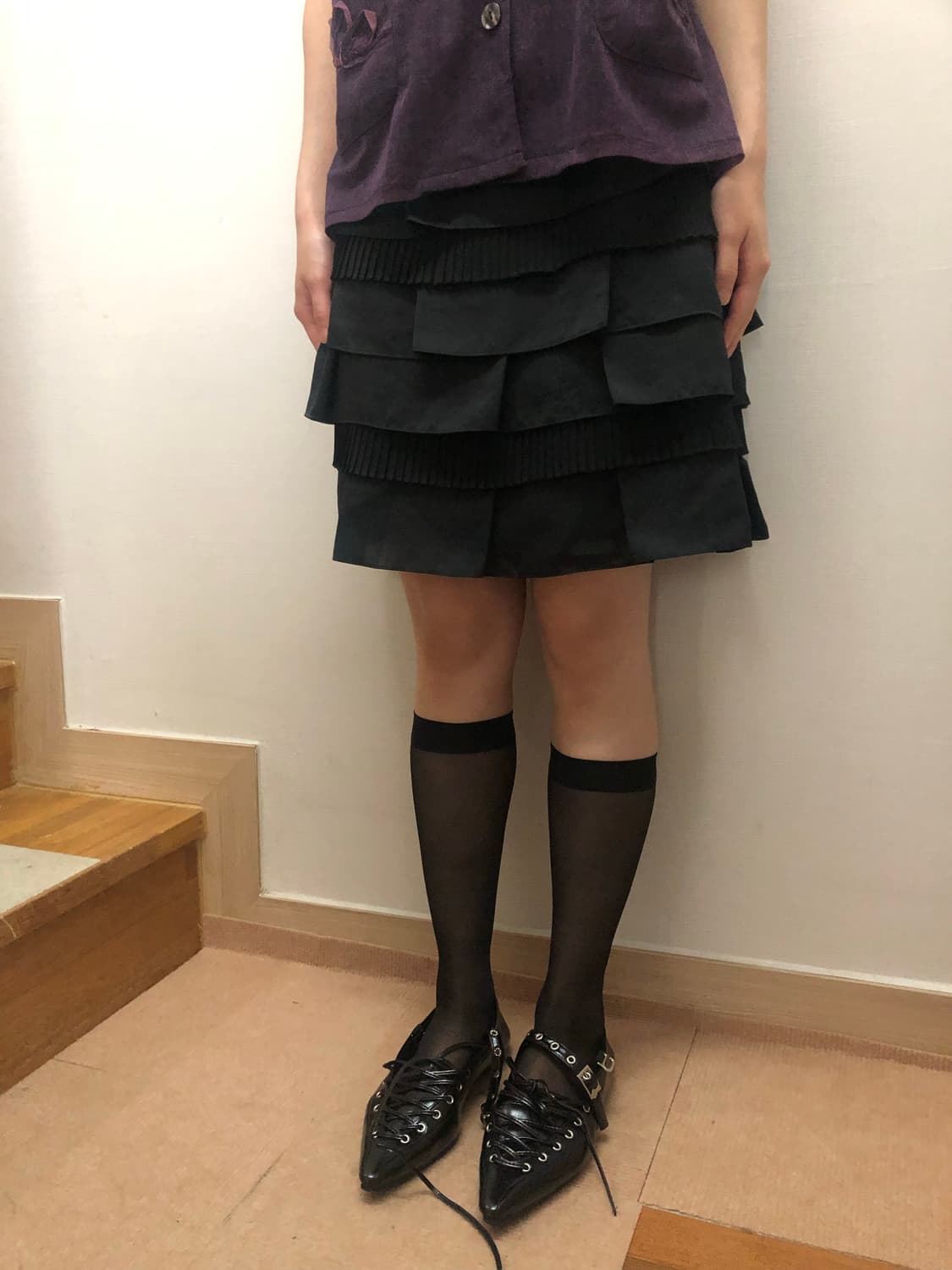 빈티지 블랙 프릴 미디 스커트 상품이미지1