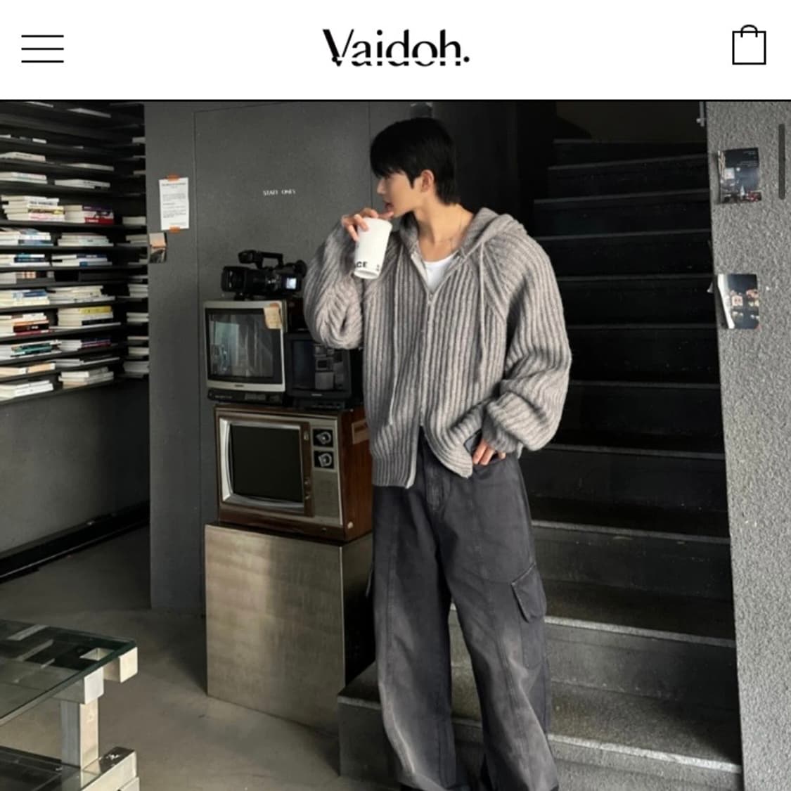 (새제품) 바이도 울 니트 후드집업 블랙 상품이미지2