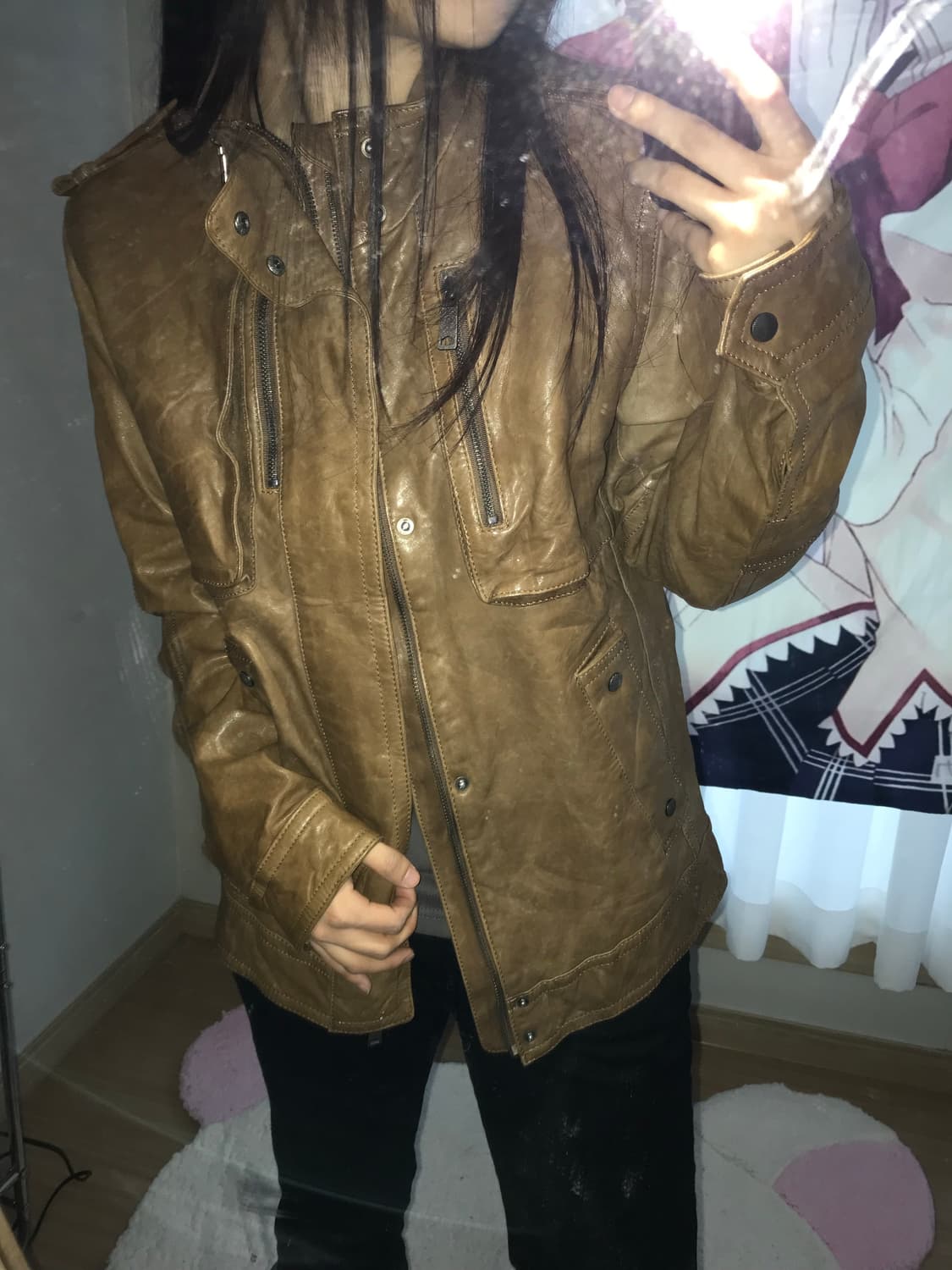 브라운 디테일 레더 자켓 상품이미지4