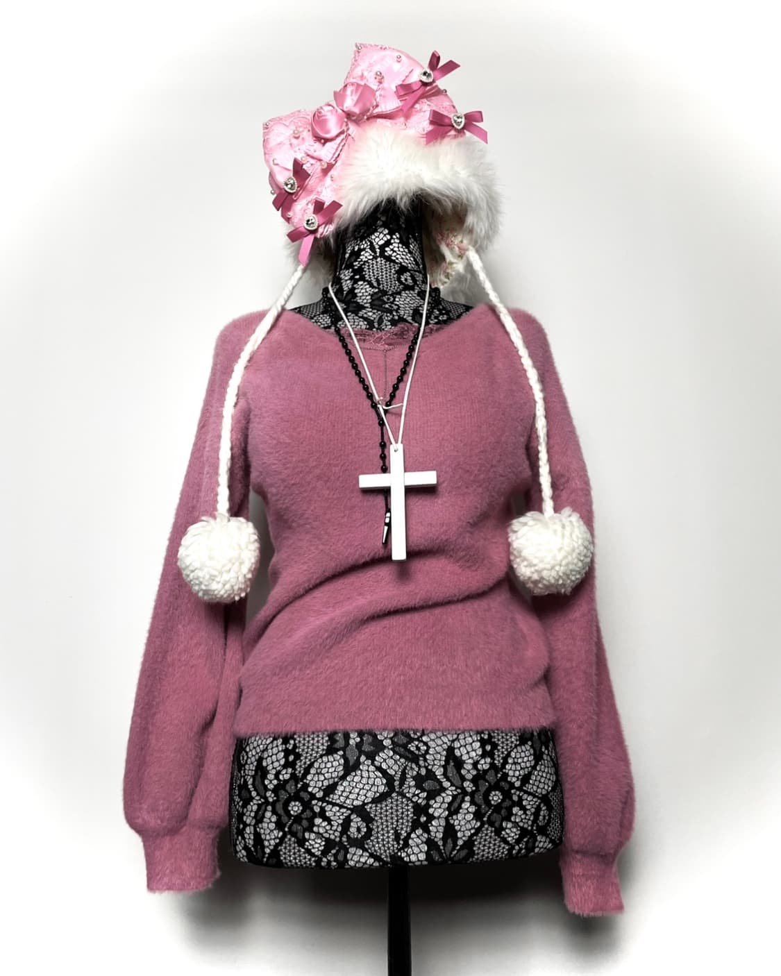 JPN 레이스 체인 자주색 핑크 퍼 니트 상품이미지1