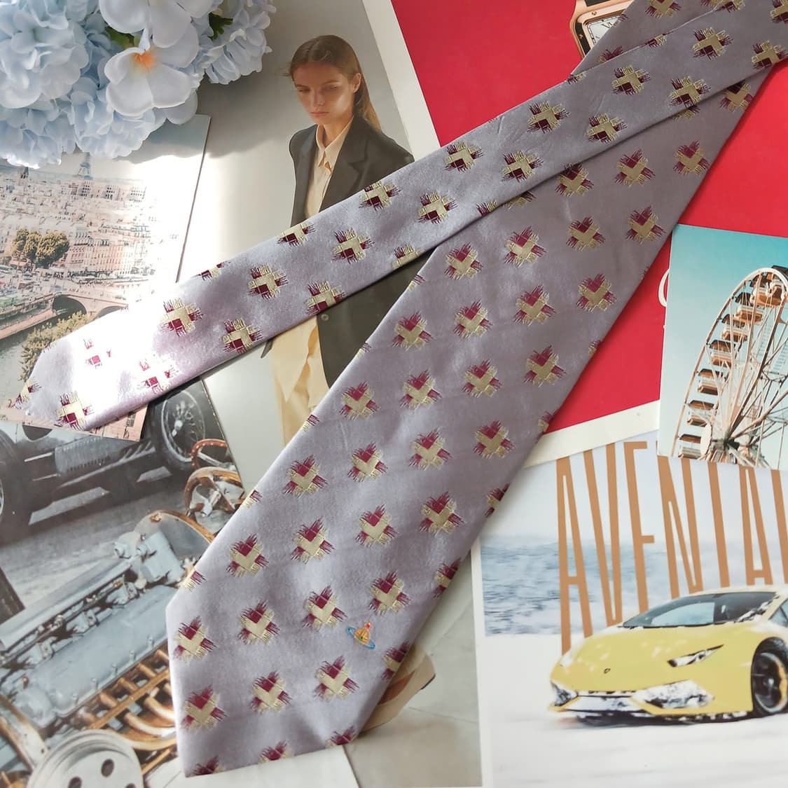 비비안웨스트우드 실크 실버톤 패턴 넥타이 8.9cm A+등급 A19479 상품이미지4