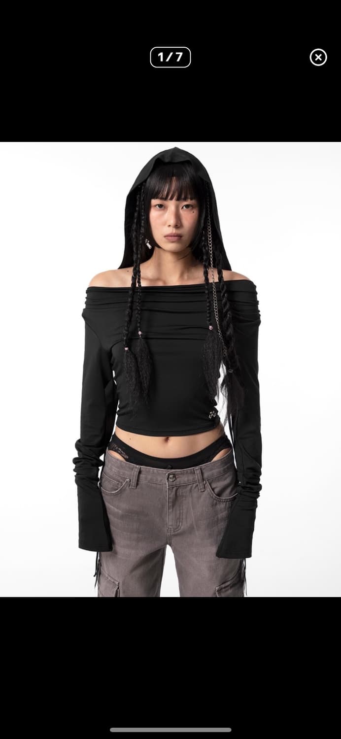 hoodie ribbon drape top black 상품이미지1