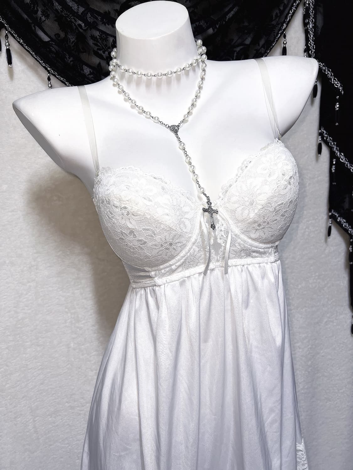 퓨어 화이트 레이스 새틴 슬립 탑원피스 란제리 코르셋 갸루 엔젤릭 페어리 상품이미지4