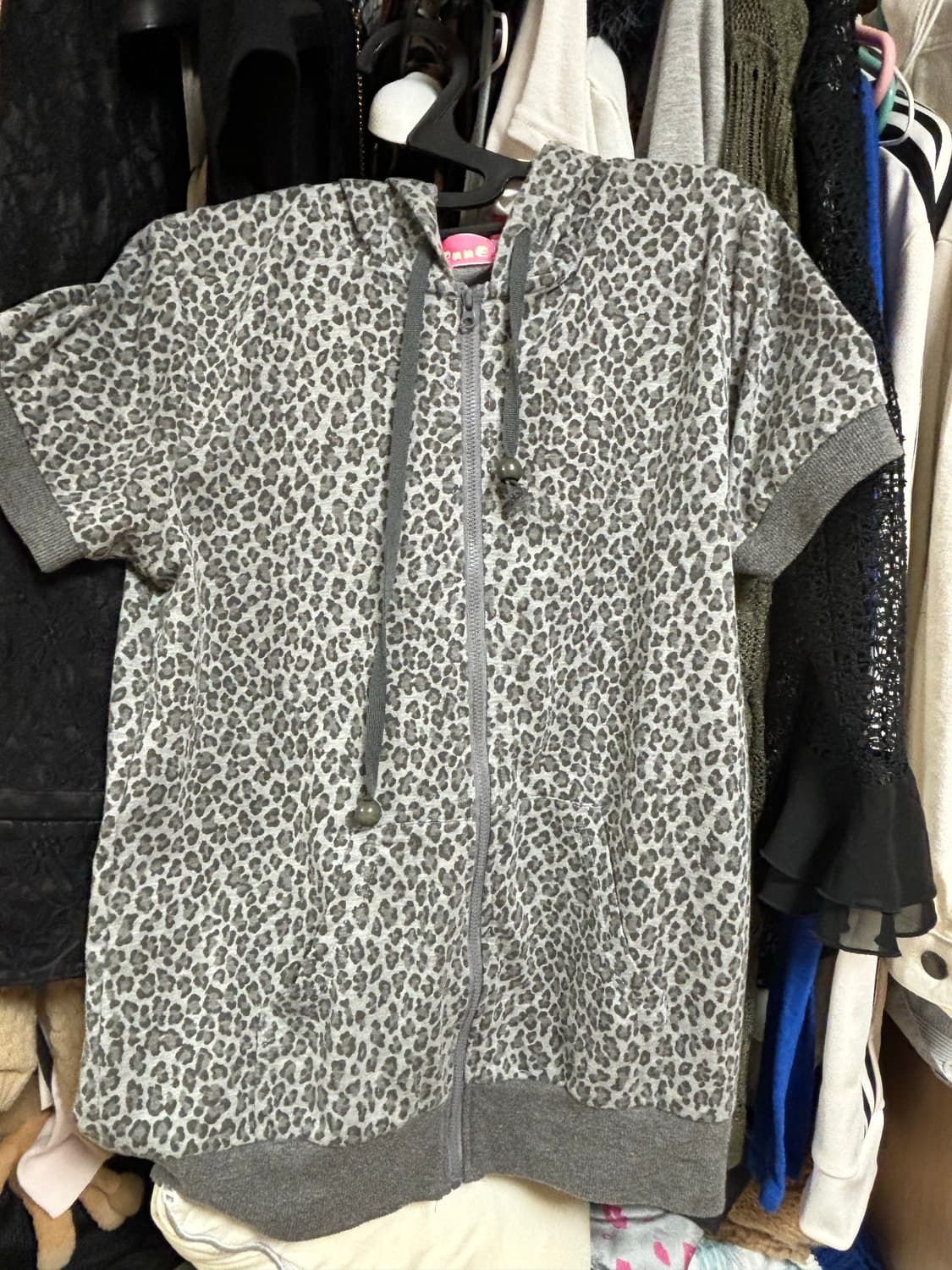갸루 레오파드 호피 쿠마미미 동물귀 반팔 후드집업 그레이 히메 상품이미지2