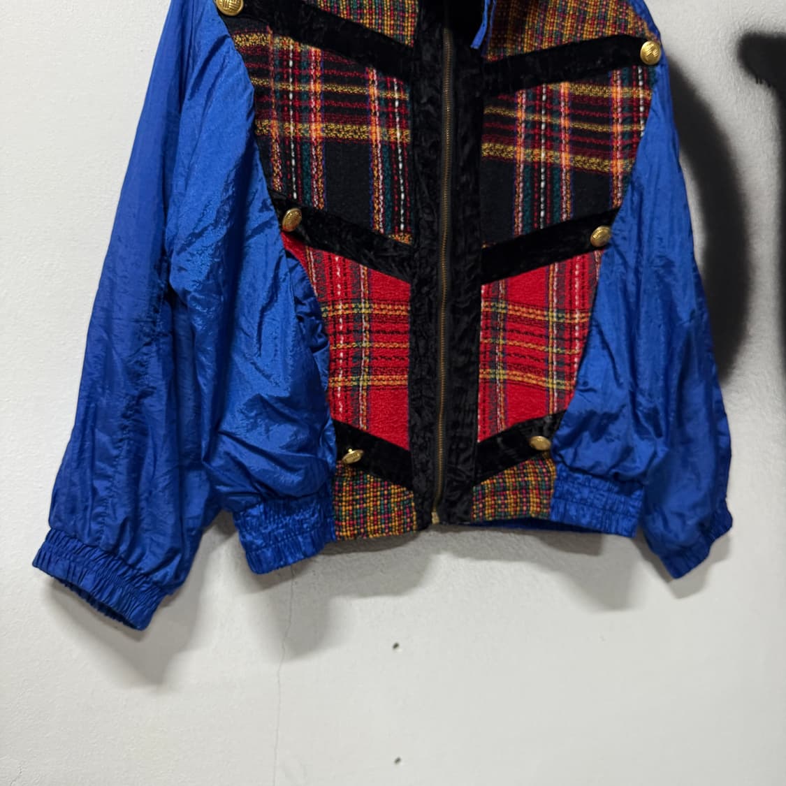 VTG 빈티지 올드스쿨 나일론 벨벳 트위드 디테일 크롭 블루종 자켓 상품이미지4