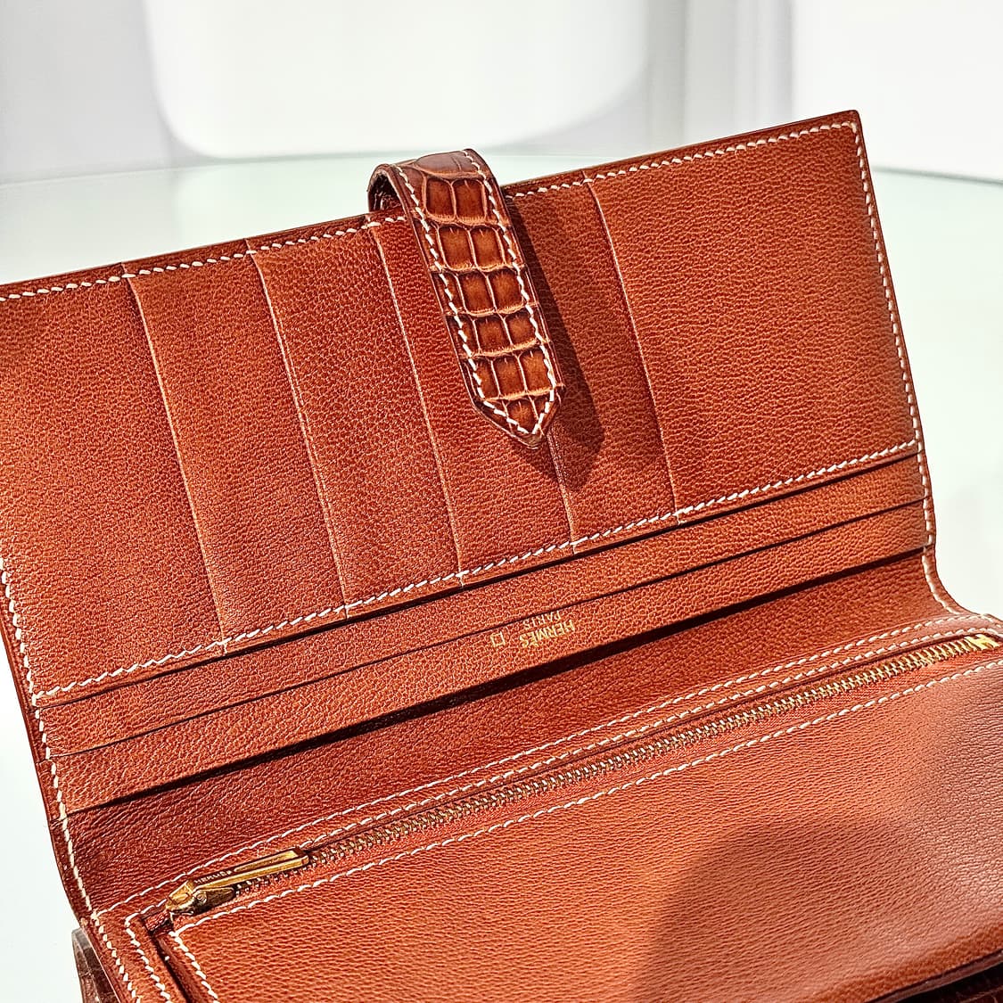 [정품] 에르메스 와니 베안 장지갑 엘리게이터 브라운 골드 상품이미지9