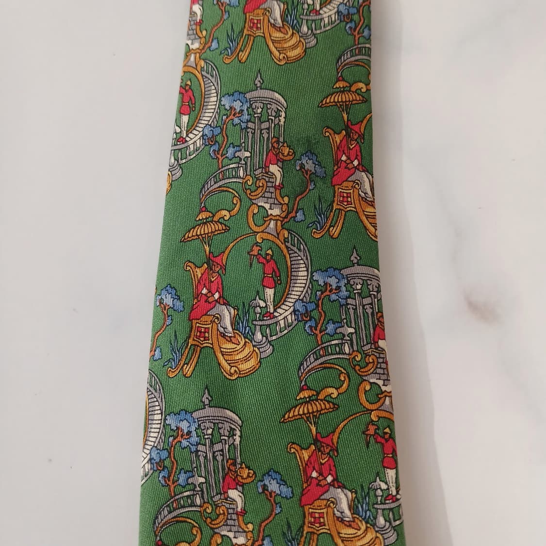 페라가모 실크 다크그린 아트 모티브 넥타이 9.2cm B등급 A19043 상품이미지7