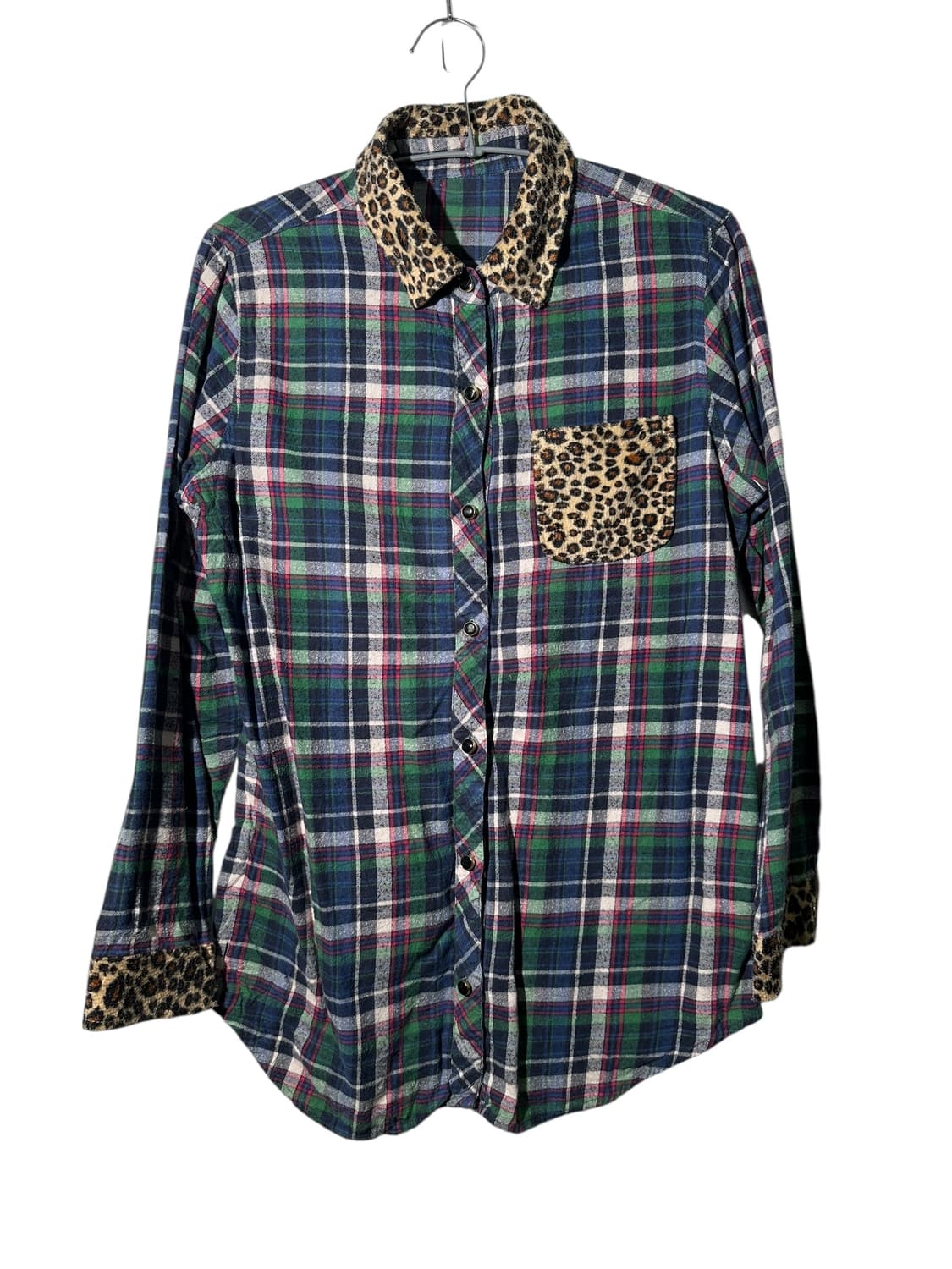 빈티지 레오파드 디테일 얇은 체크 셔츠 상품이미지1