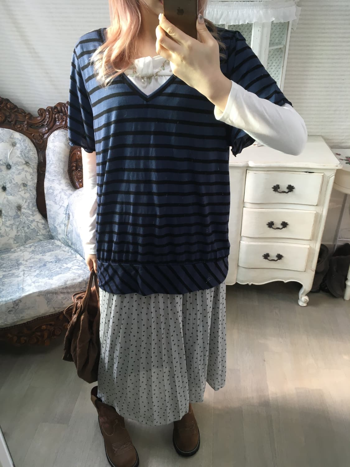 일본빈티지 스트라이프 반팔 블라우스 상품이미지1