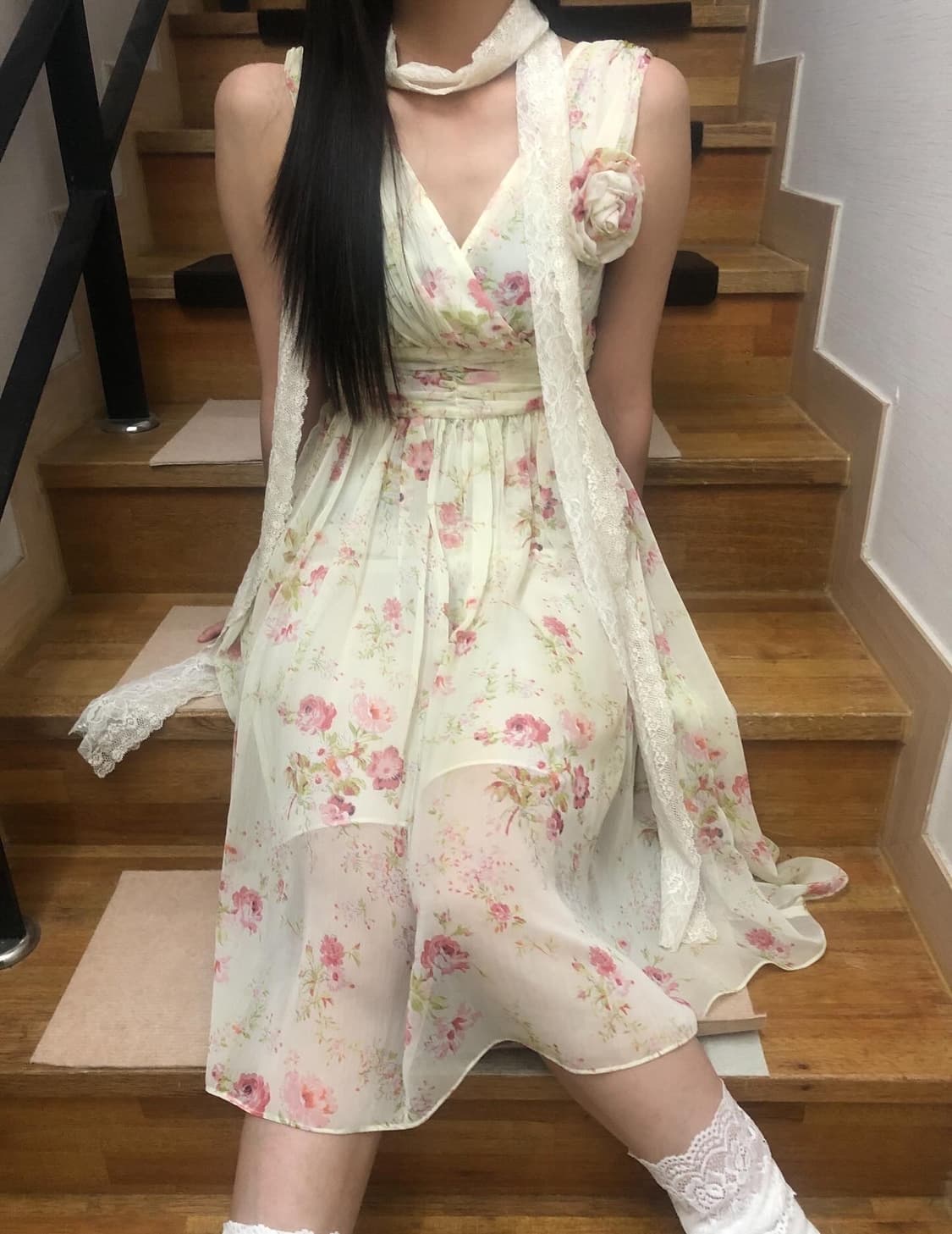 빈티지 화이트 플라워 롱 원피스 상품이미지4