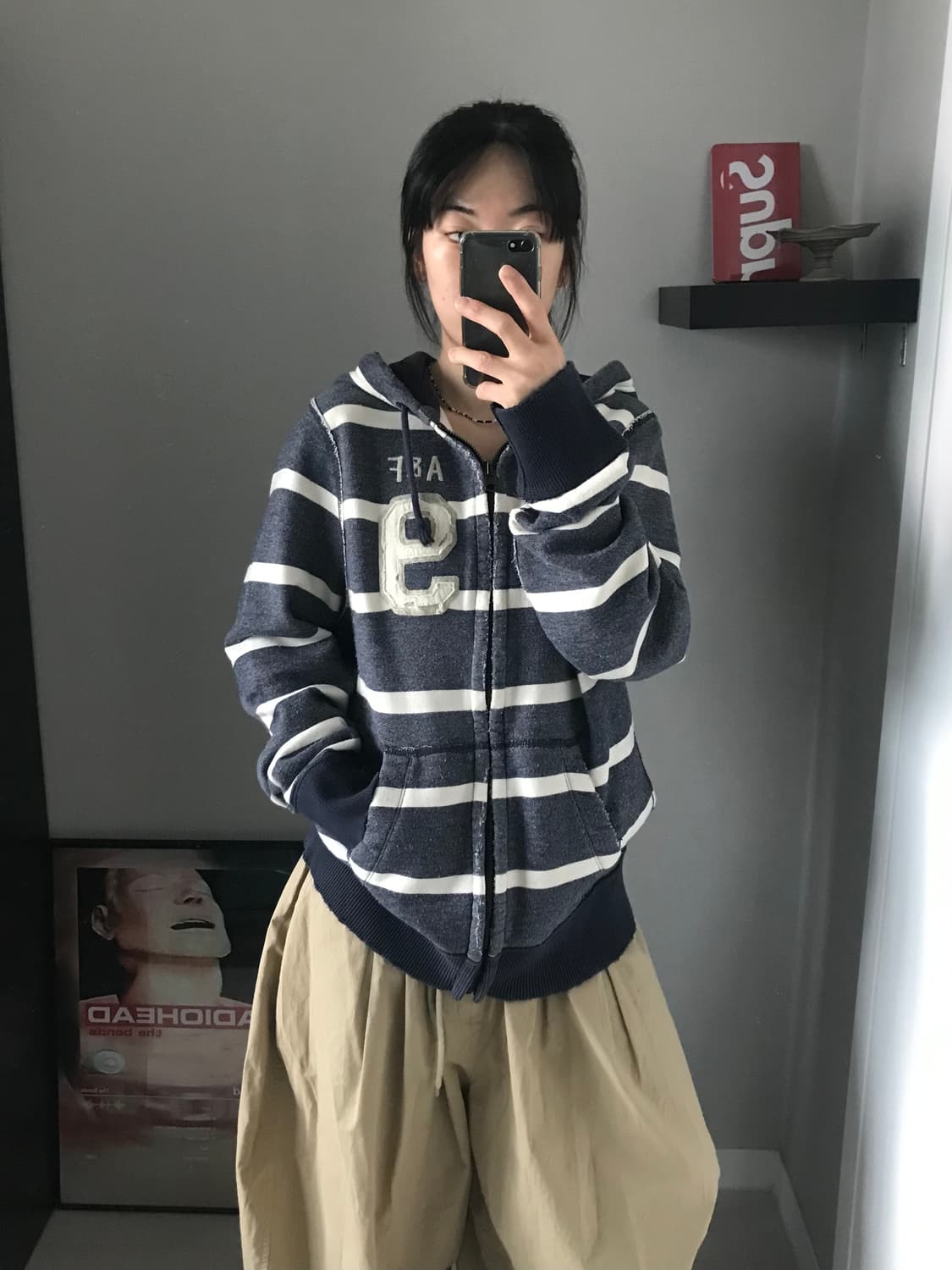 아베크롬비 자수 로고 스트라이프 피그먼트 후드집업 상품이미지4