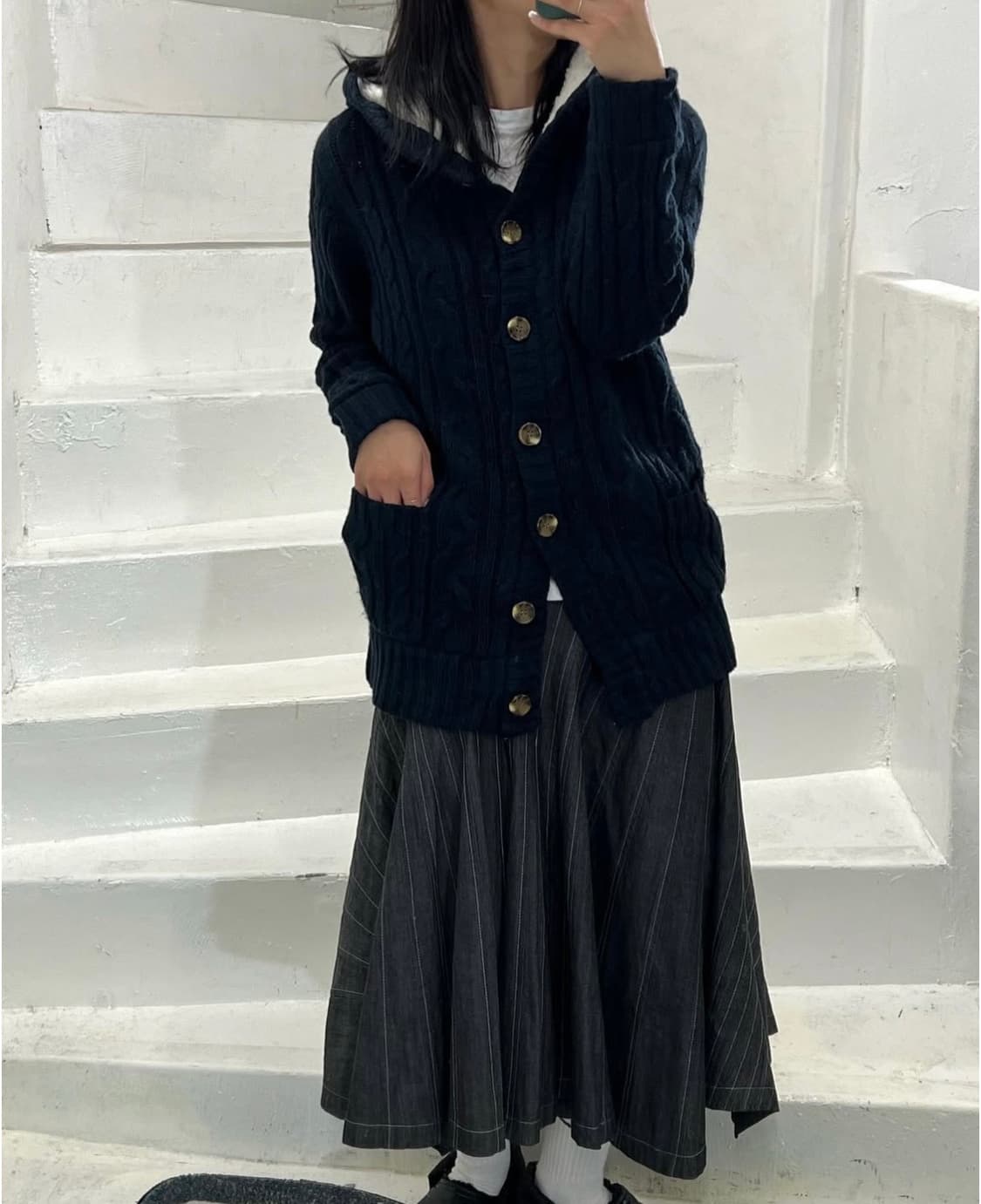 빈티지 퍼 후드 가디건 - navy 상품이미지7