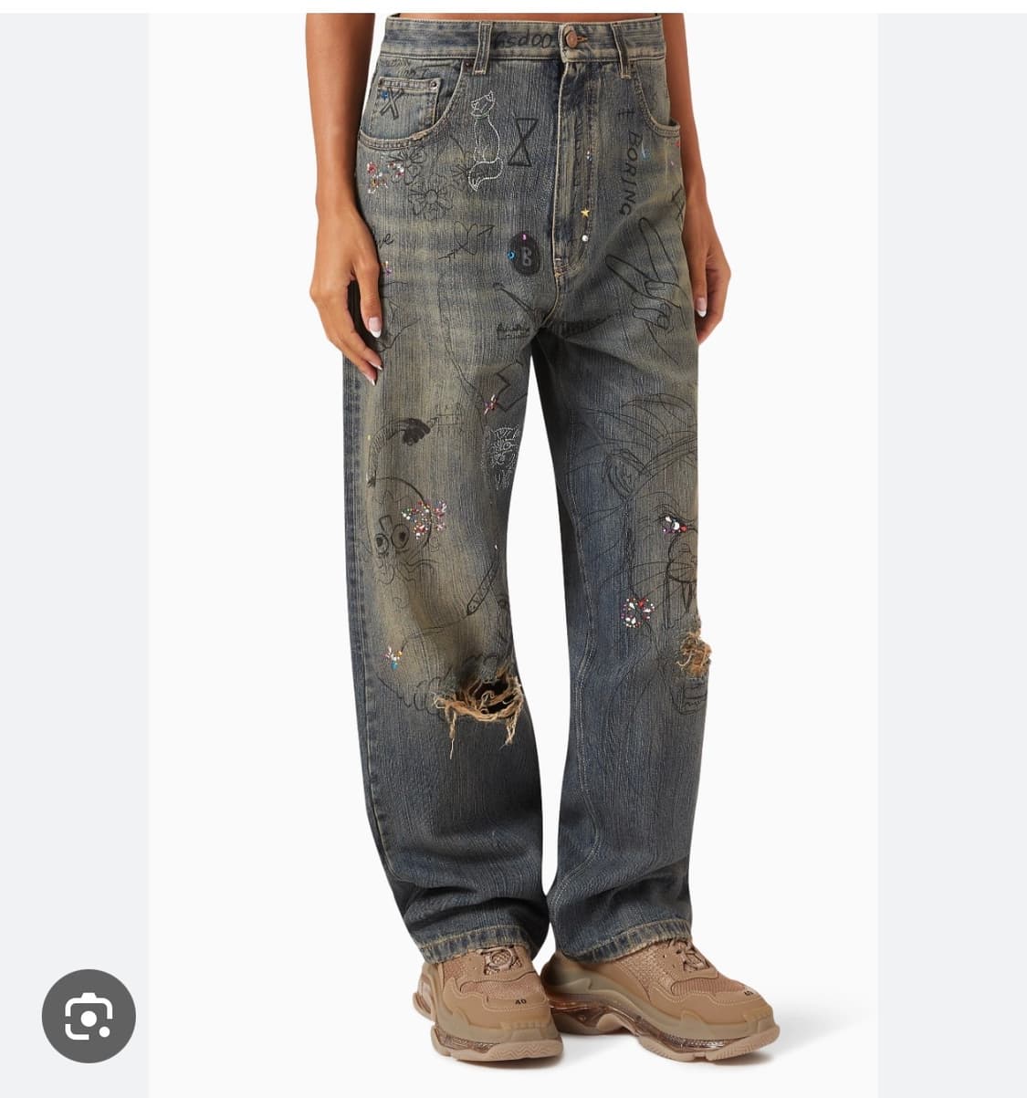 [S] 발렌시아가 ss23 디스트레스드 흑청 라인스톤 데님 배기 팬츠 상품이미지1