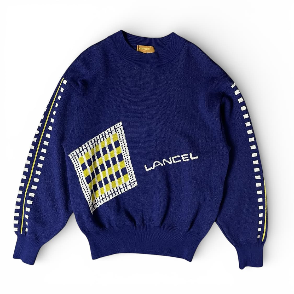 란셀 블루 퍼플 옐로우 자카드 로고 포인트 니트 M 상품이미지1
