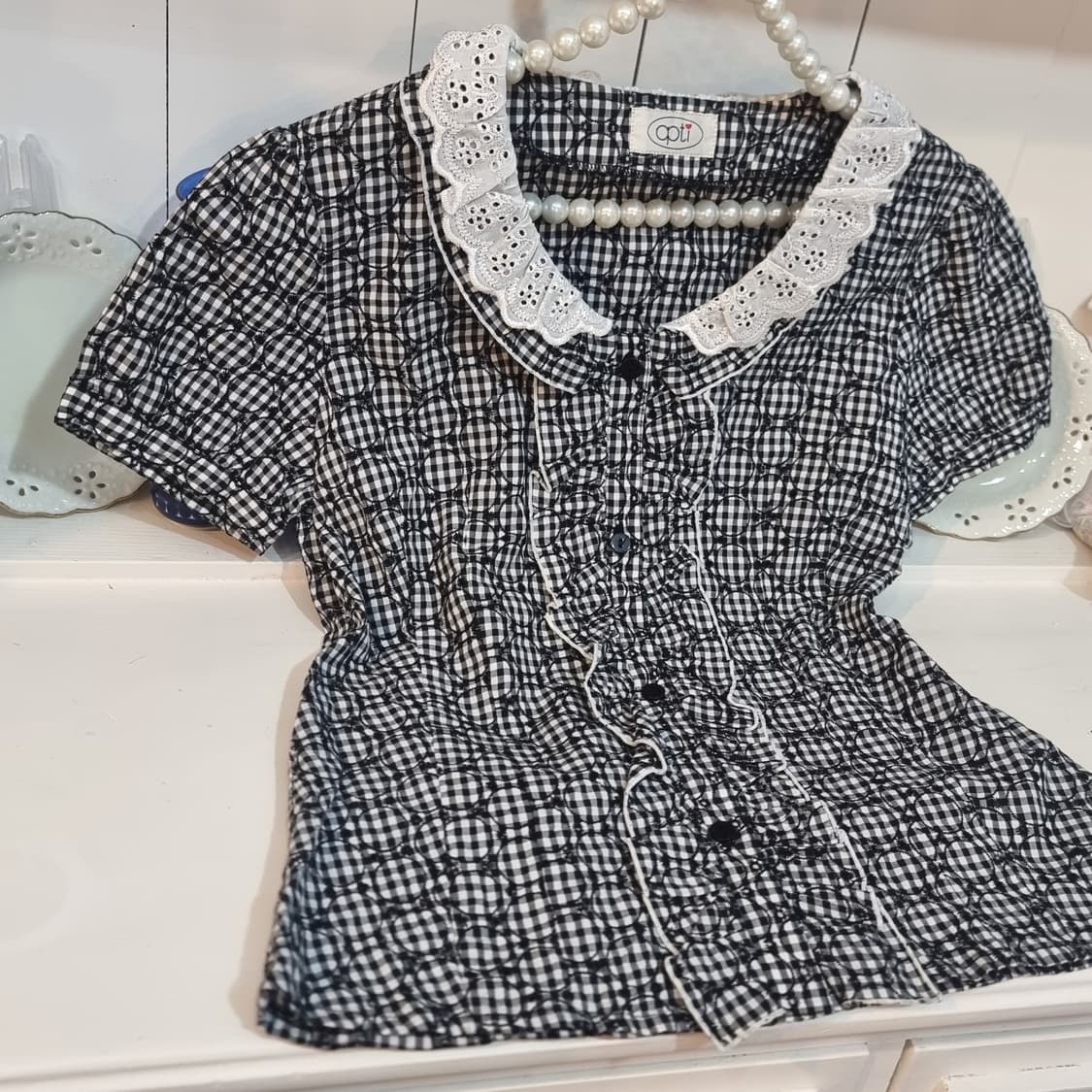 apti 레이스 깅엄체크 반팔 블라우스 상품이미지4