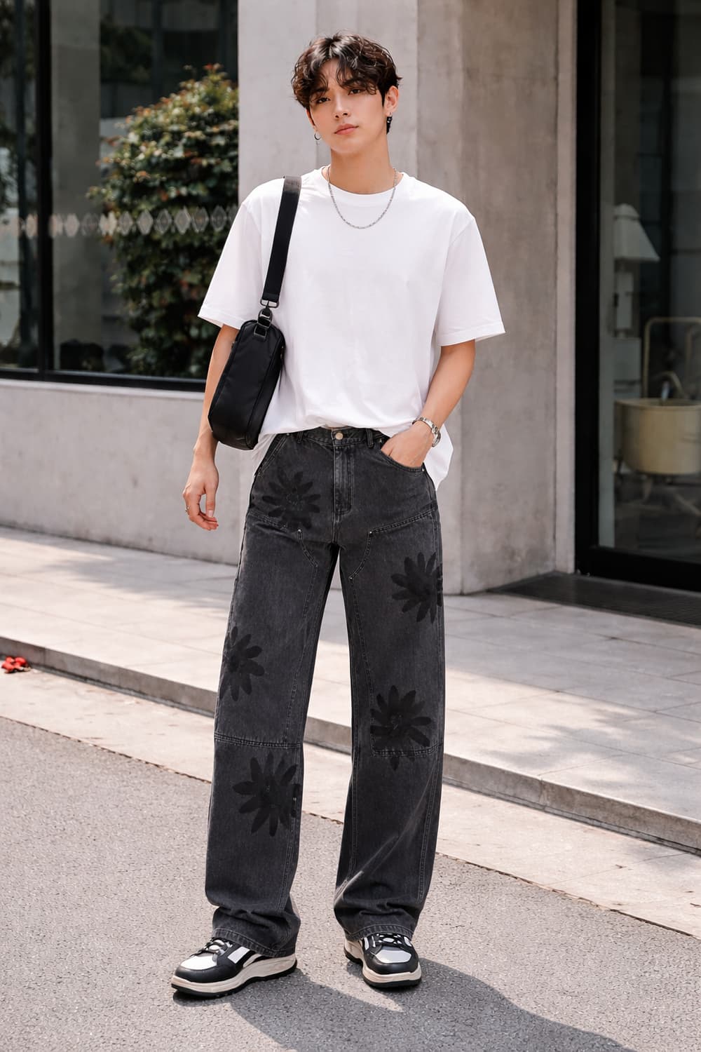 [L] 더 뮤지엄 비지터 플라워 아트워크 더블니 카펜터 데님 팬츠 상품이미지1