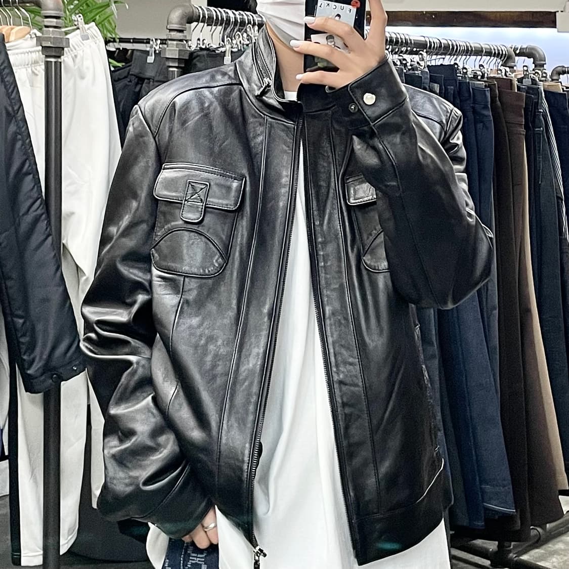 쁘레숑 블랙 레더 자켓 상품이미지1