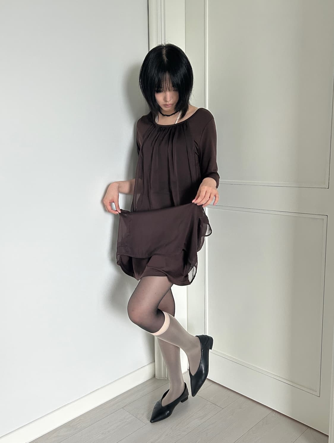 Sheer Layered Brown Dress / 빈티지 미니 원피스 상품이미지1