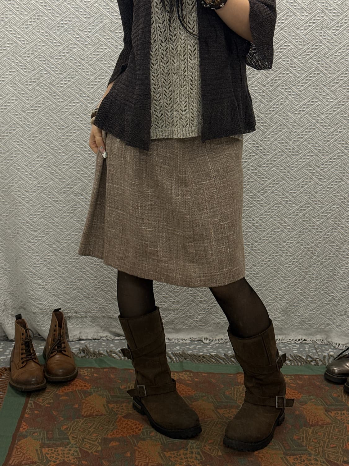 빈티지 캐주얼 코지 헤링본 트위드 플레어 미디스커트  K0133 상품이미지1