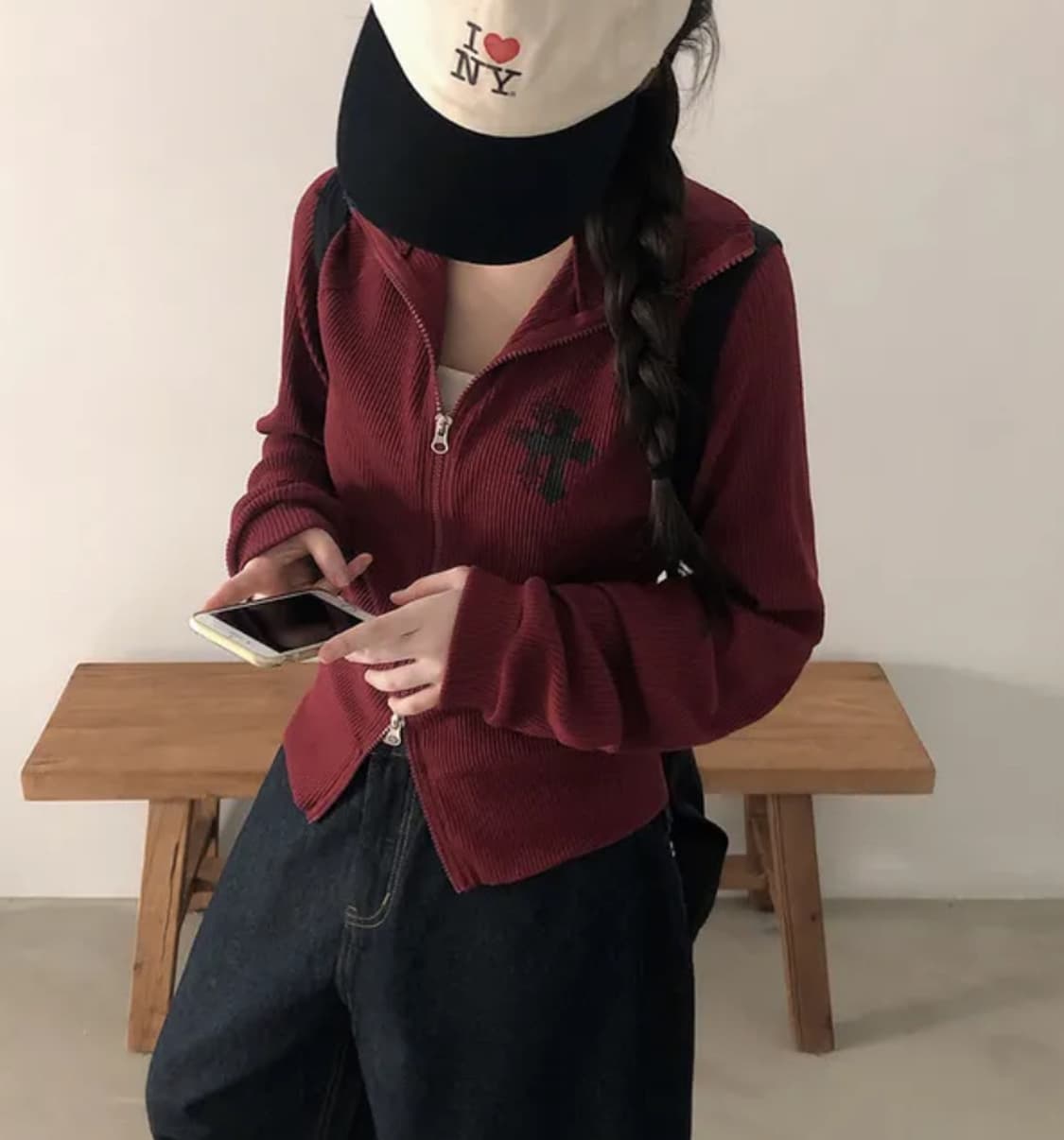 골지 버건디 투웨이 십자가 집업 자켓 상품이미지3