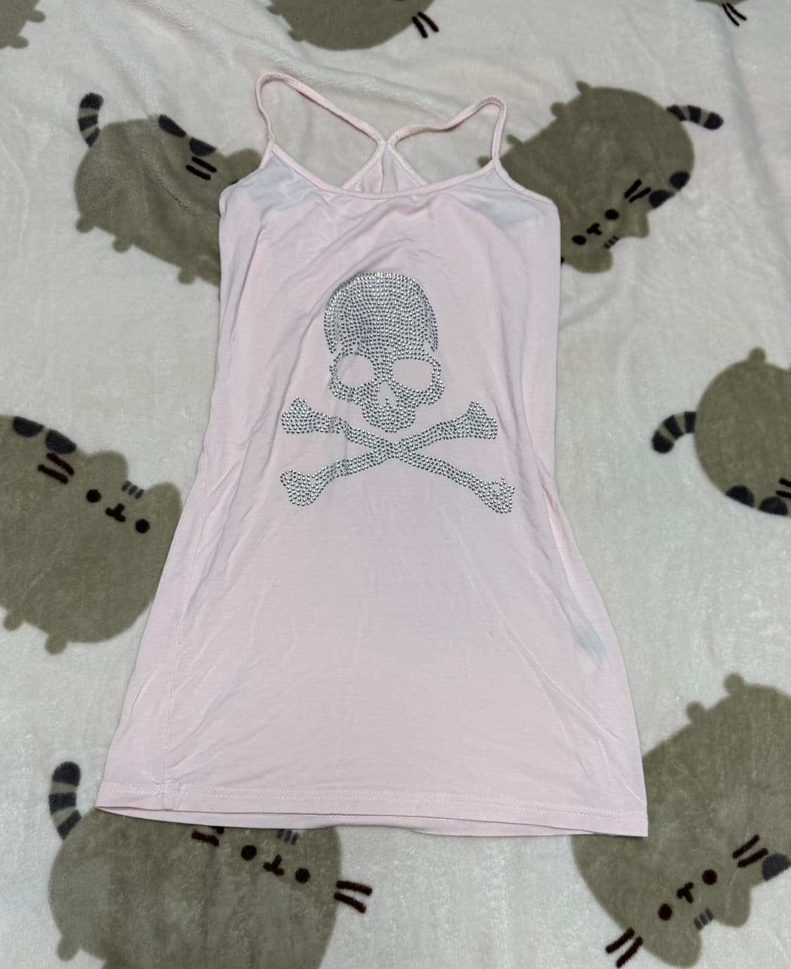 파스텔핑크 해골 라인스톤 슬리브리스 나시티 상품이미지1