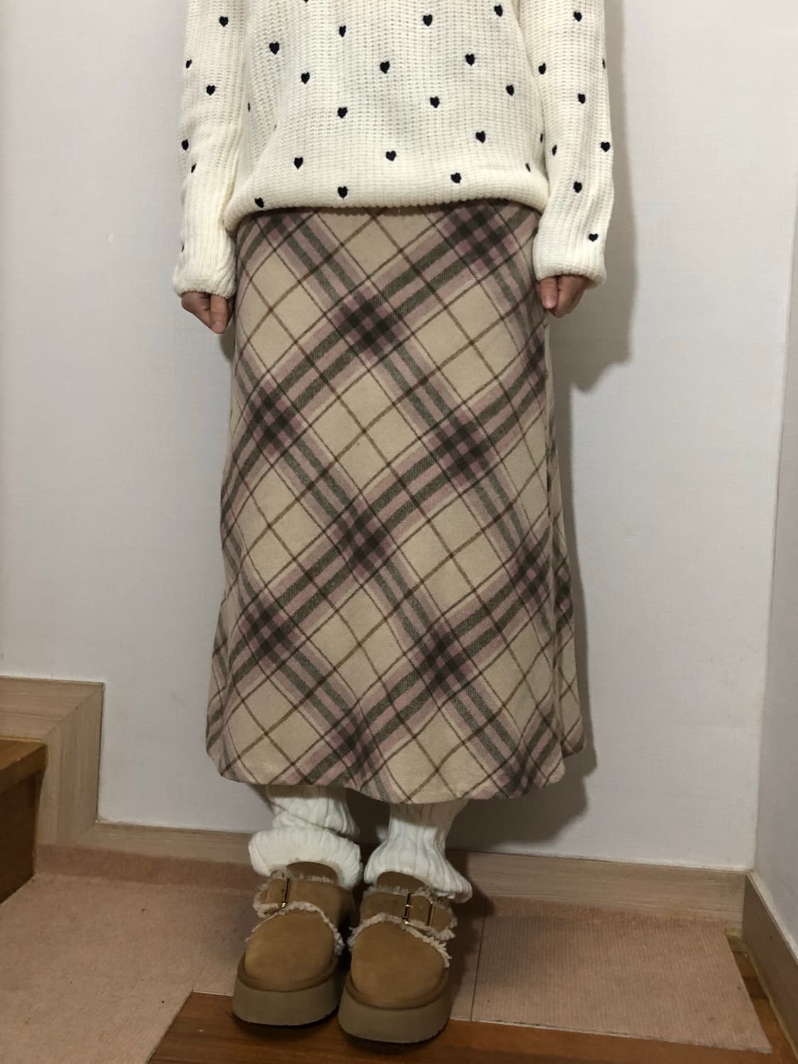 빈티지 화이트 핑크 울 롱 스커트 상품이미지5