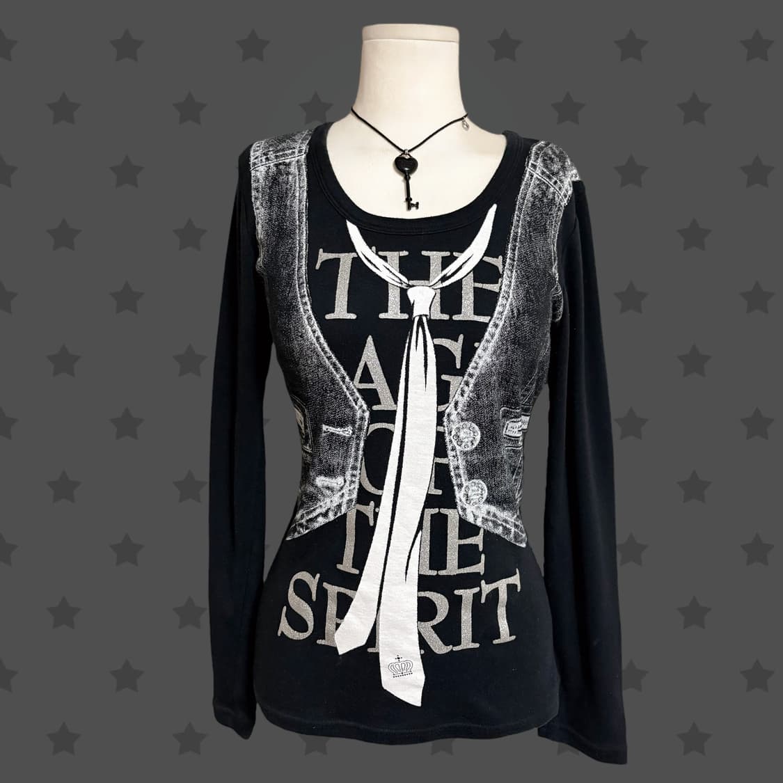 고스펑크 헤이세이갸루 핀터깔 블랙 큐빅 디테일 딱붙 유넥 블랙 긴팔티 상품이미지1