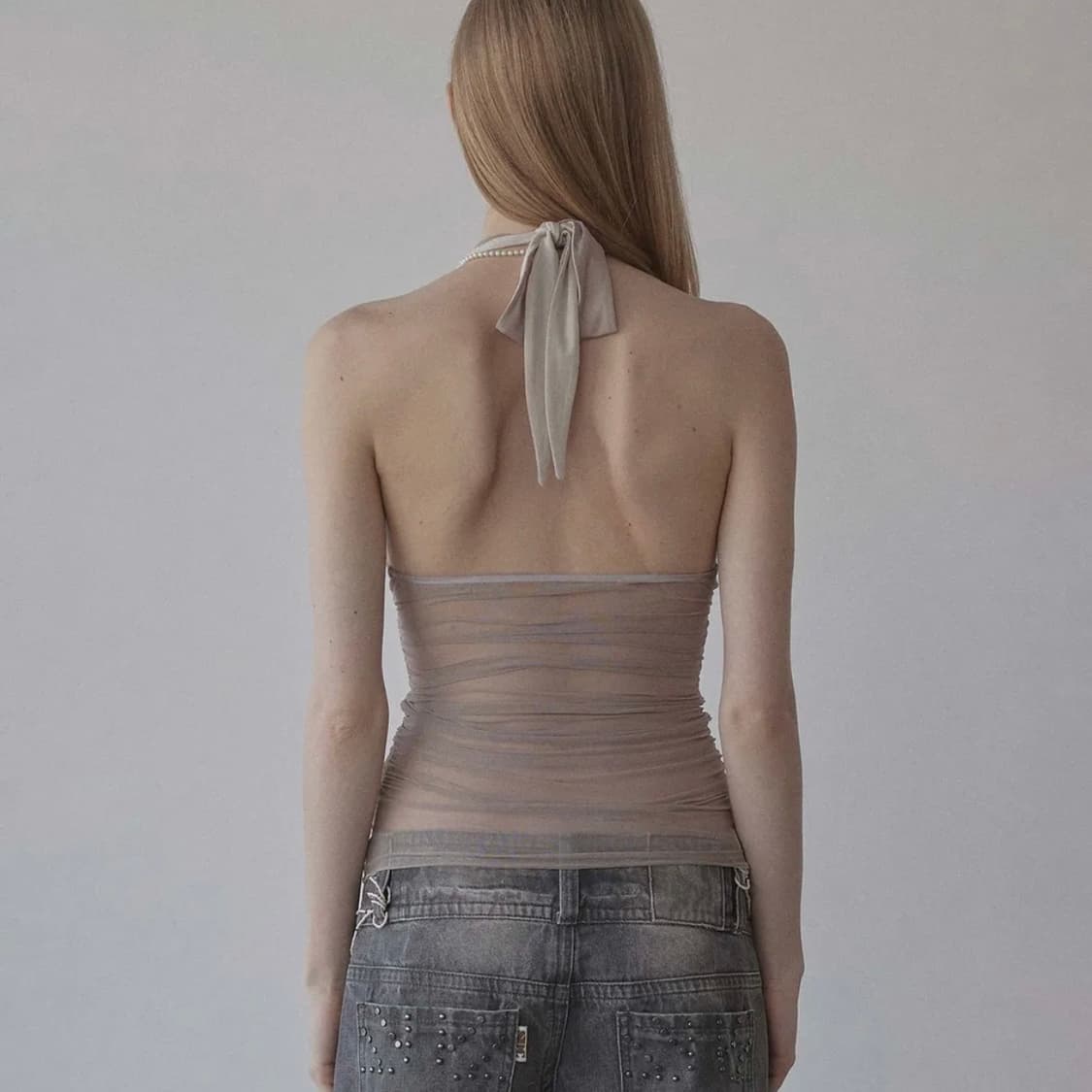 Sculptor Beaded Mesh Halter Top Skin 상품이미지3